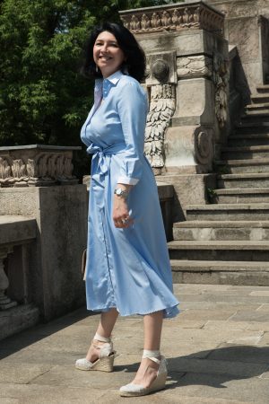 Rochie Lunga Bleu cu Guler Alb