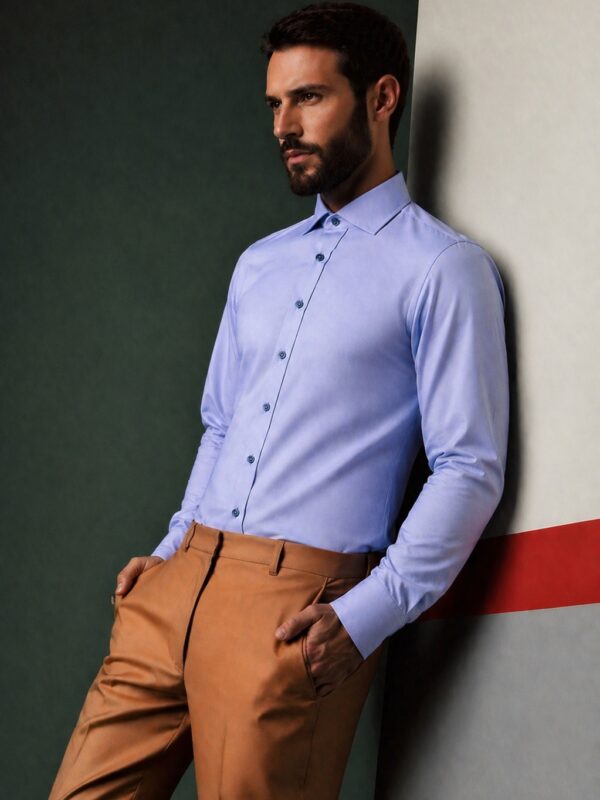 Camasa Barbati Slim Fit  Bumbac Bleu Contrast Guler