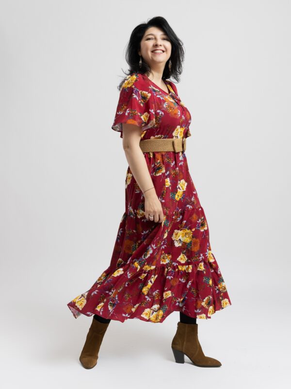 Rochie cu Volane Lisa Grena cu Trandafiri Colorati