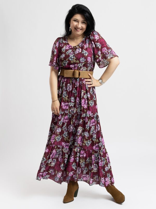 Rochie cu Volane Lisa Visinie cu Flori Pastelate