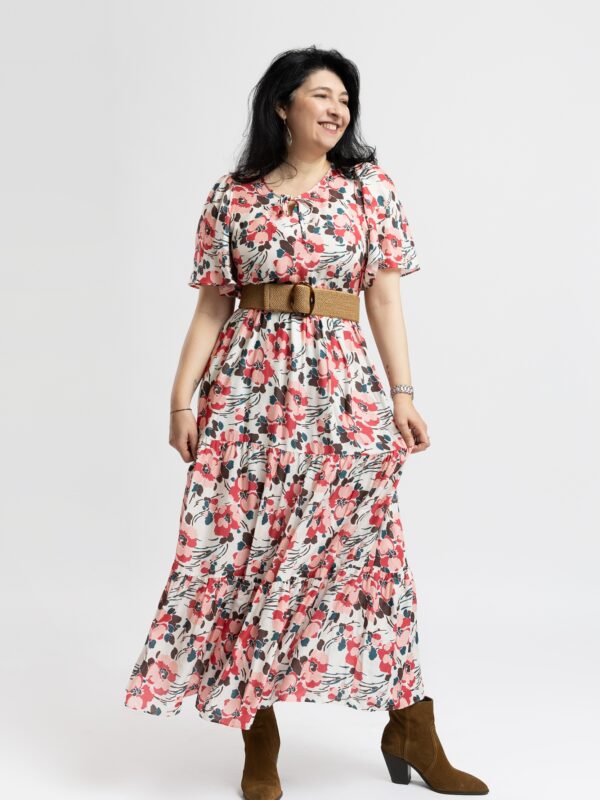 Rochie cu Volane Lisa Bej cu Flori Corai