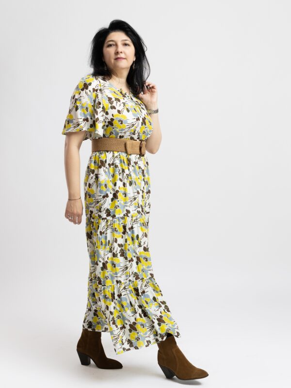 Rochie cu Volane Lisa cu Flori Galben-Maro