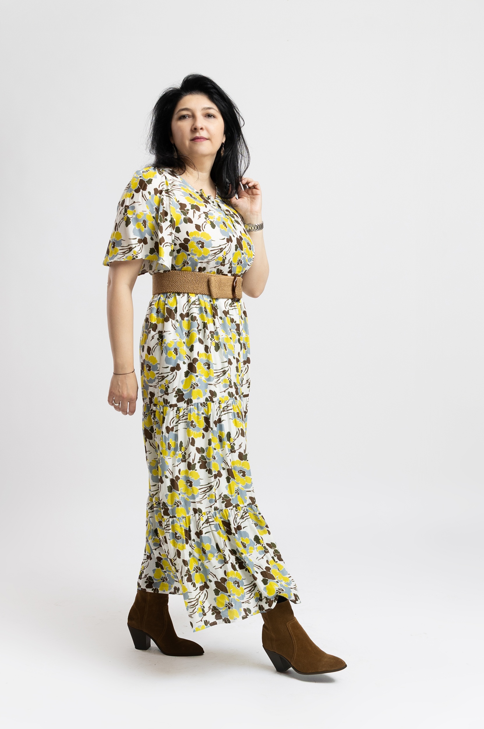 Reduceri 11 Rochie cu Volane Lisa cu Flori Galben-Maro