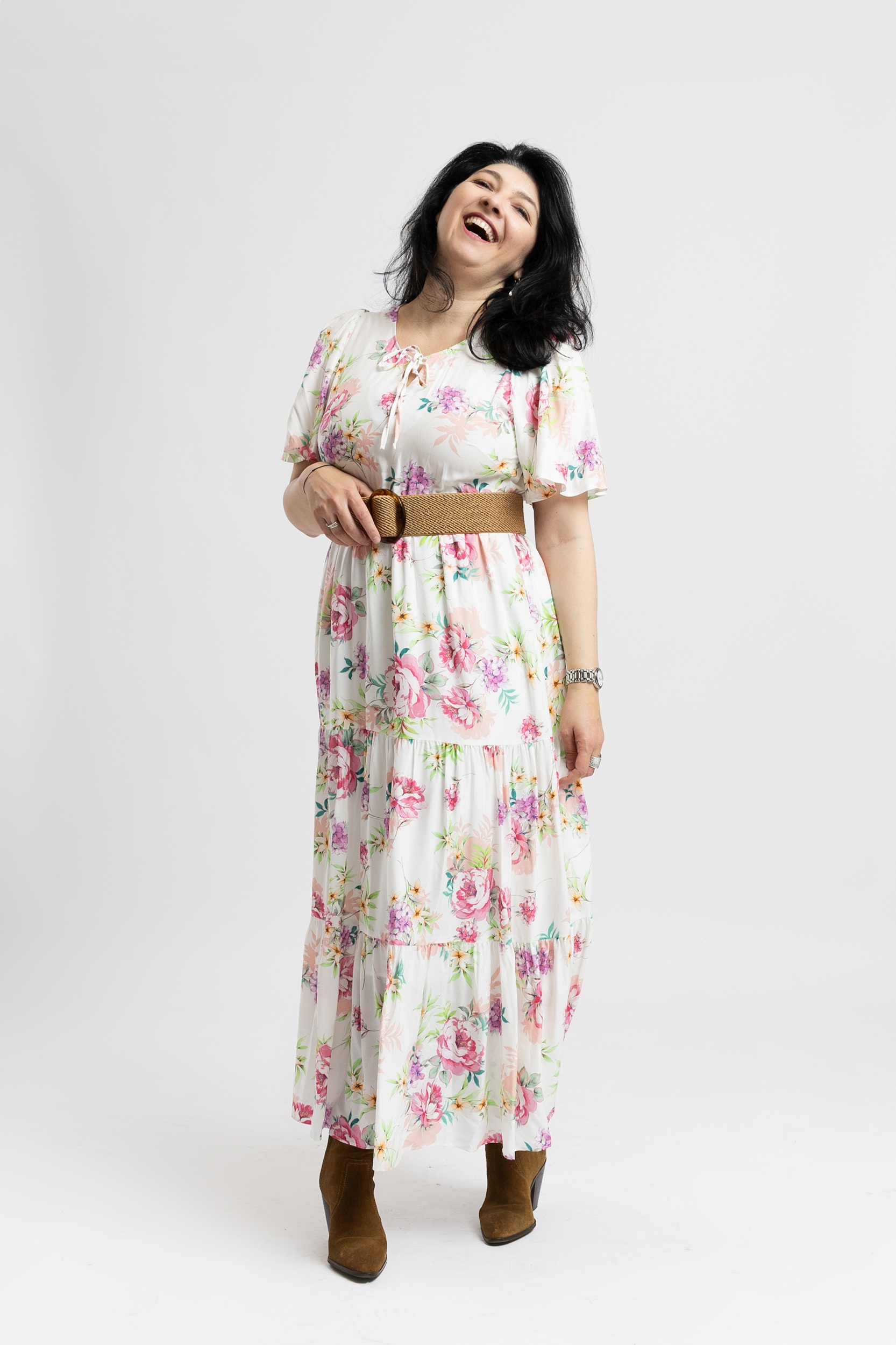 Reduceri 9 Rochie cu Volane Lisa Alba Bujori Roz