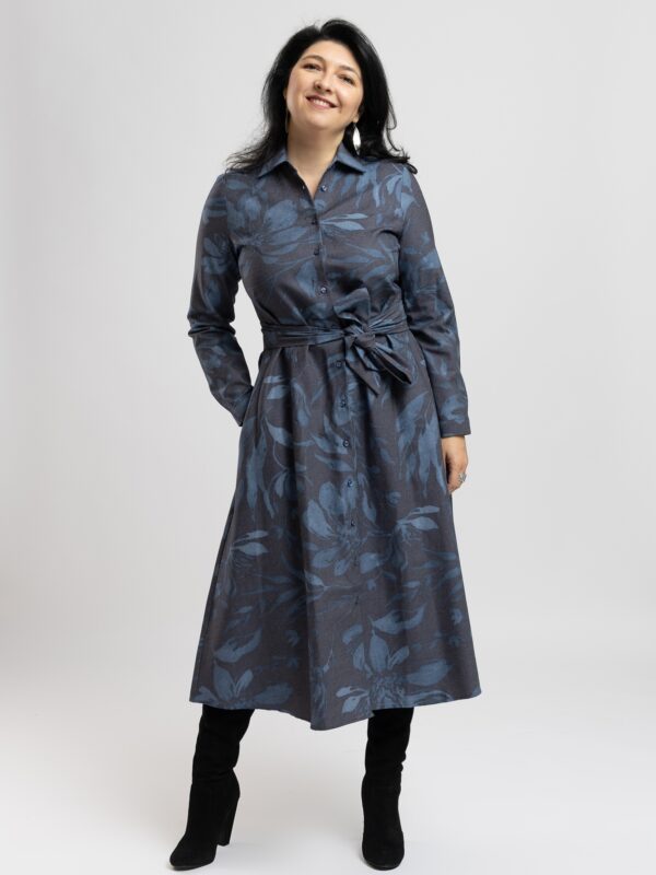 Rochie Camasa Lunga Denim Floral Bumbac cu Elastan