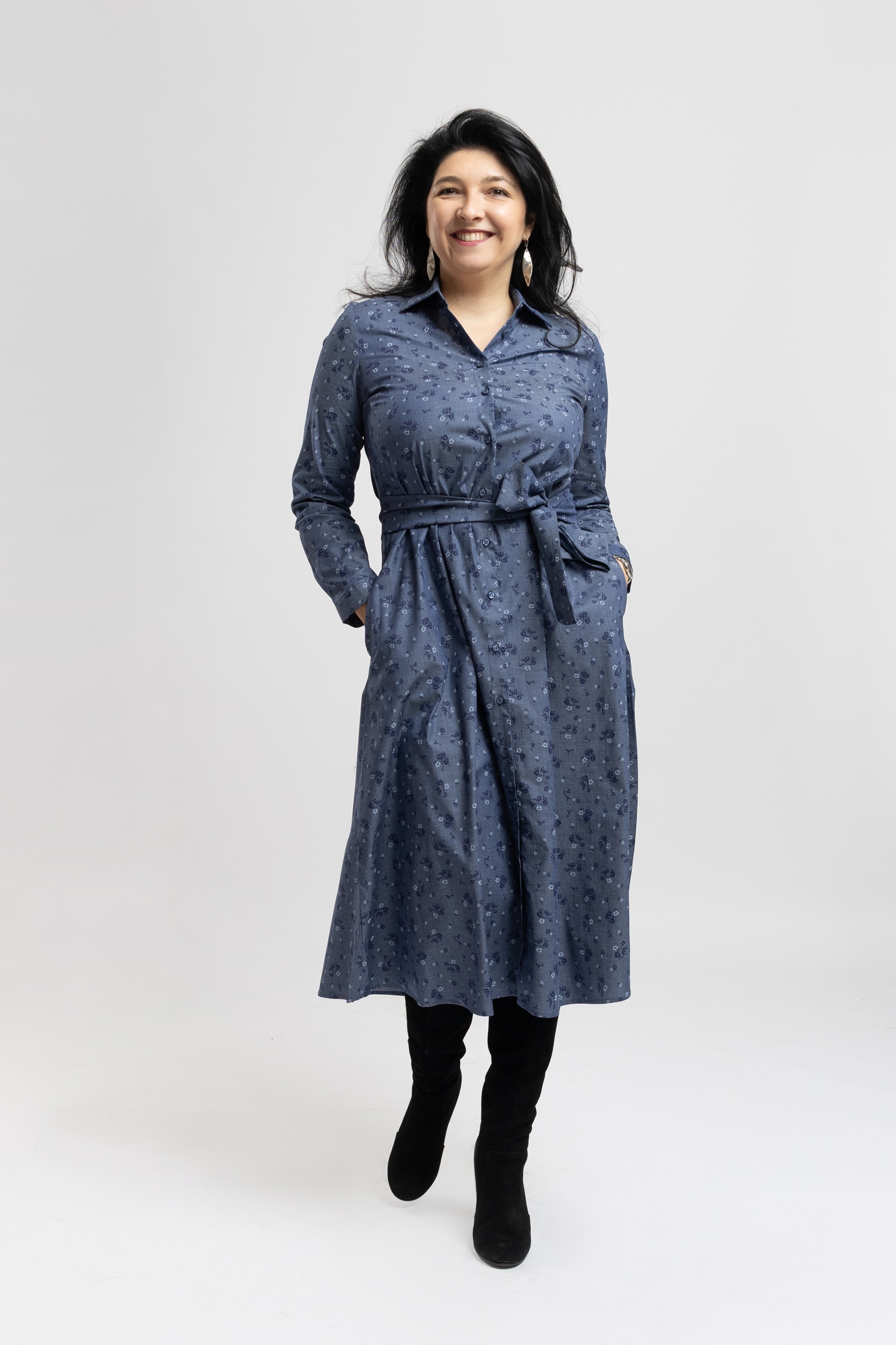 Rochie Camasa Lunga Bumbac Indigo Flori Albastre